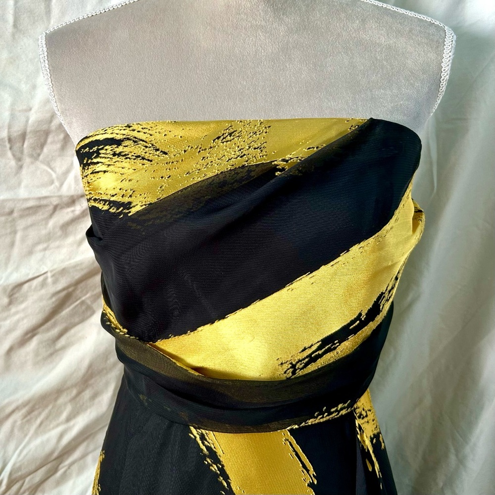 Donna Karan Black, Gold Metallic Paintbrush Strapless Gown, Size M - Picture 3 of 10